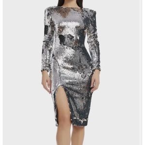 Dress the Population Womens Natalie Long Sleeve Stretch Sequin Midi Sheath Dress